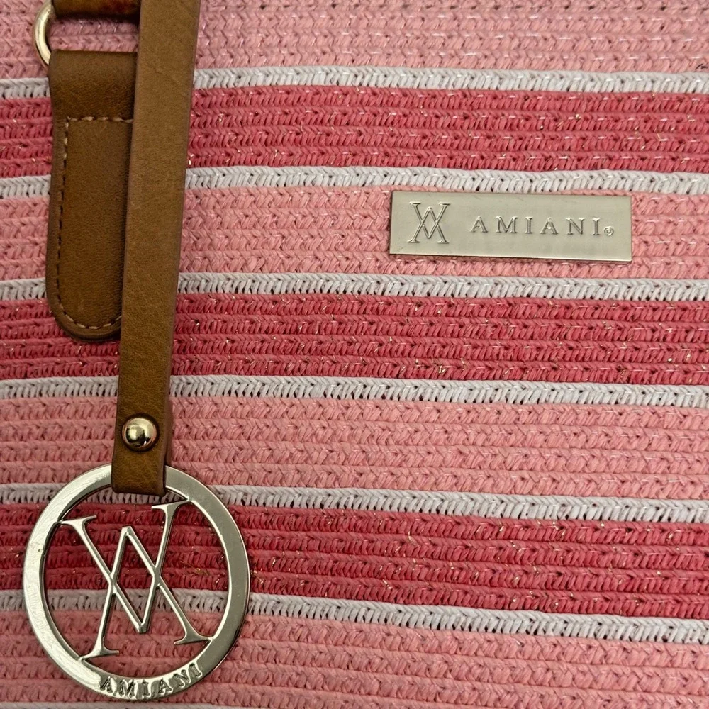 Amiani Pink Beach Bag Tote Zipper Closure Stripped Handbag‎ Gold Shimmer
